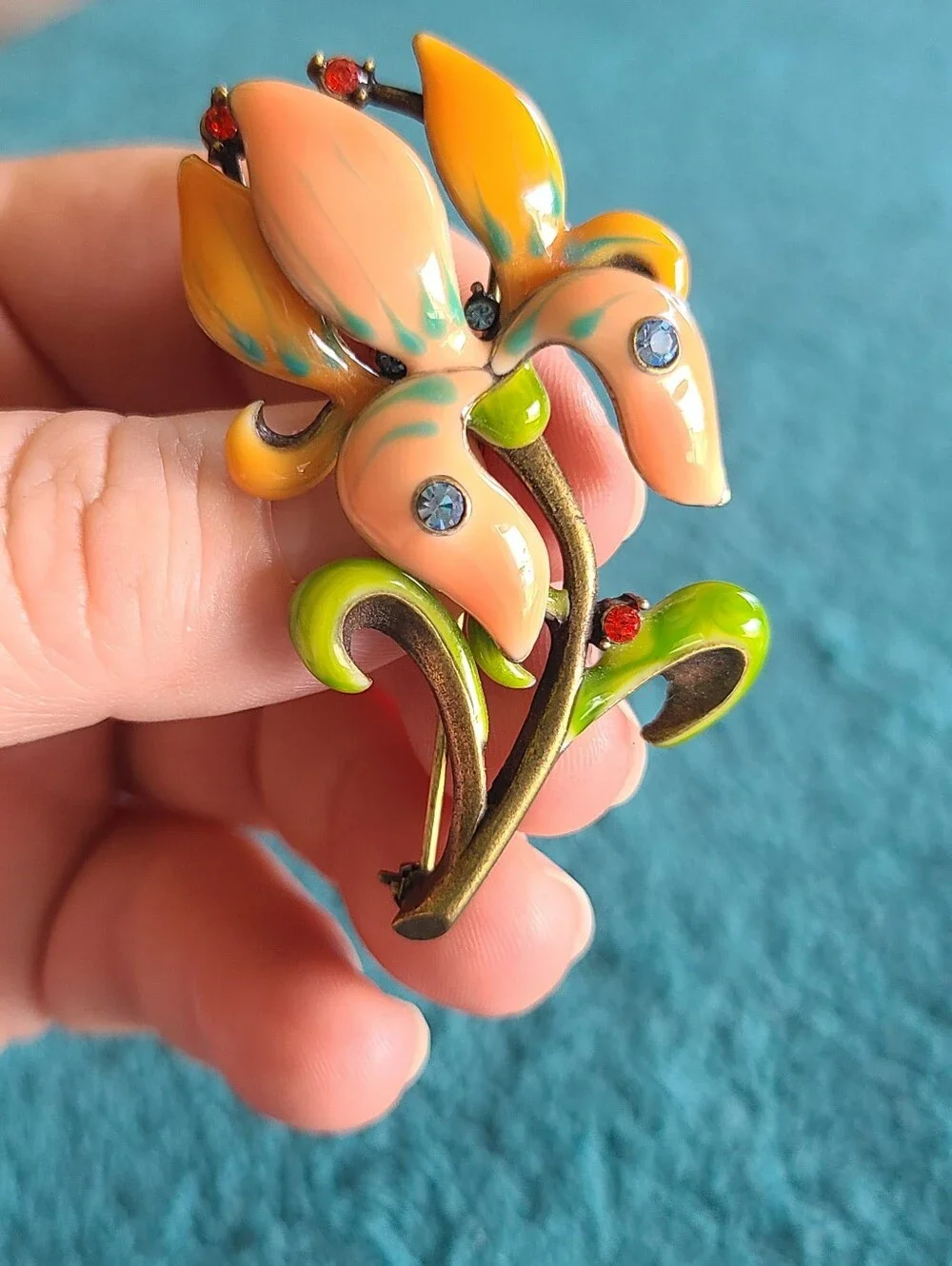 Vintage Peach and Green Enamel Floral Brooch